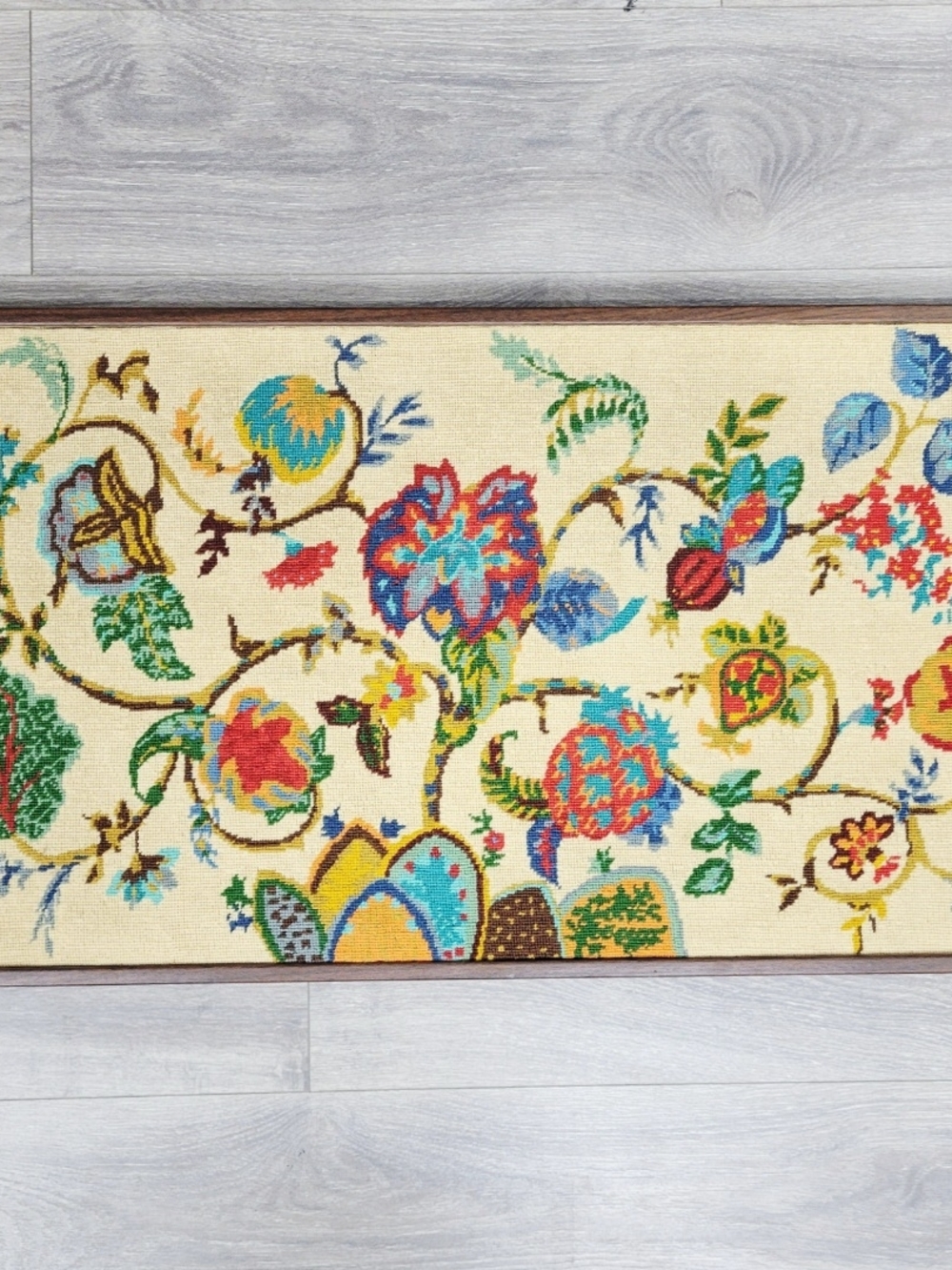Vtg Needle Point Embroidered~Jacobean Floral Wall Hanging~Wood Frame~MCM~18"×32"